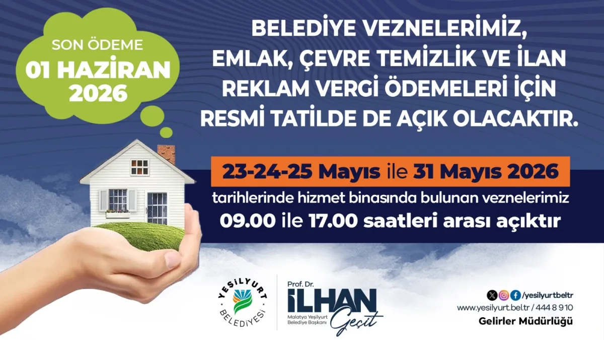 Yeşilyurt Belediyesi Vezneleri Vergi Ödemeleri İçin Resmi Tatilde Açık Olacak
